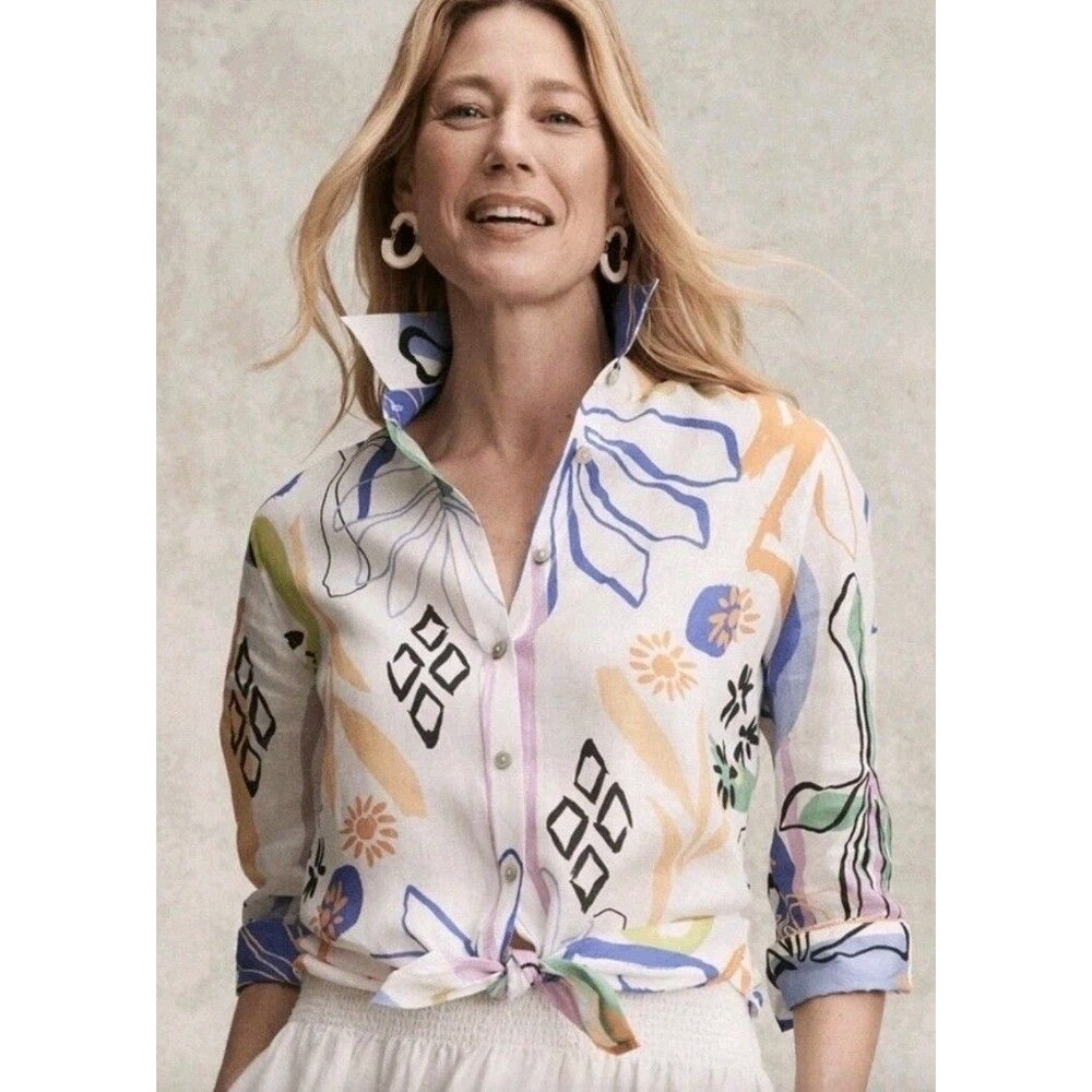 Chico's Surreal Linen Shirt Button-up Abstract Floral Leaf Sun Coastal US 14